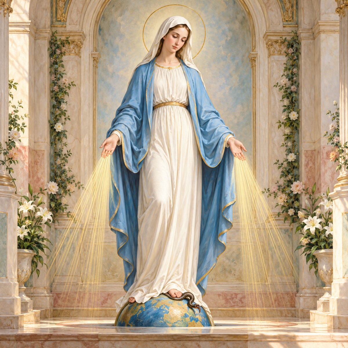 Ilustração de Nossa Senhora das Graças com manto azul, mãos abertas e raios de luz, em um ambiente de capela.