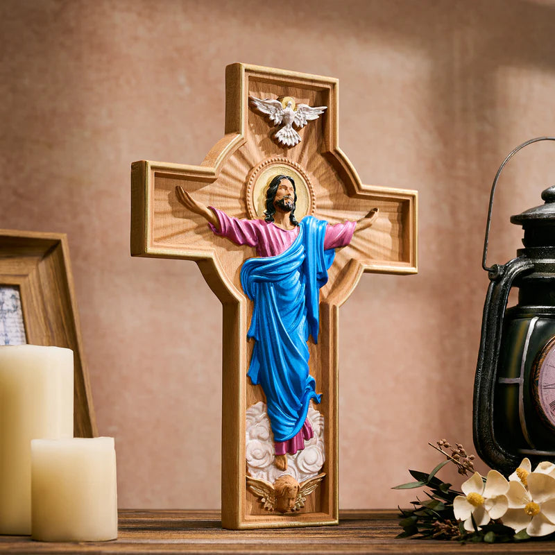 A Ascensão de Cristo - Cruz de Madeira Pintada à mão - Sagrado Tesouro