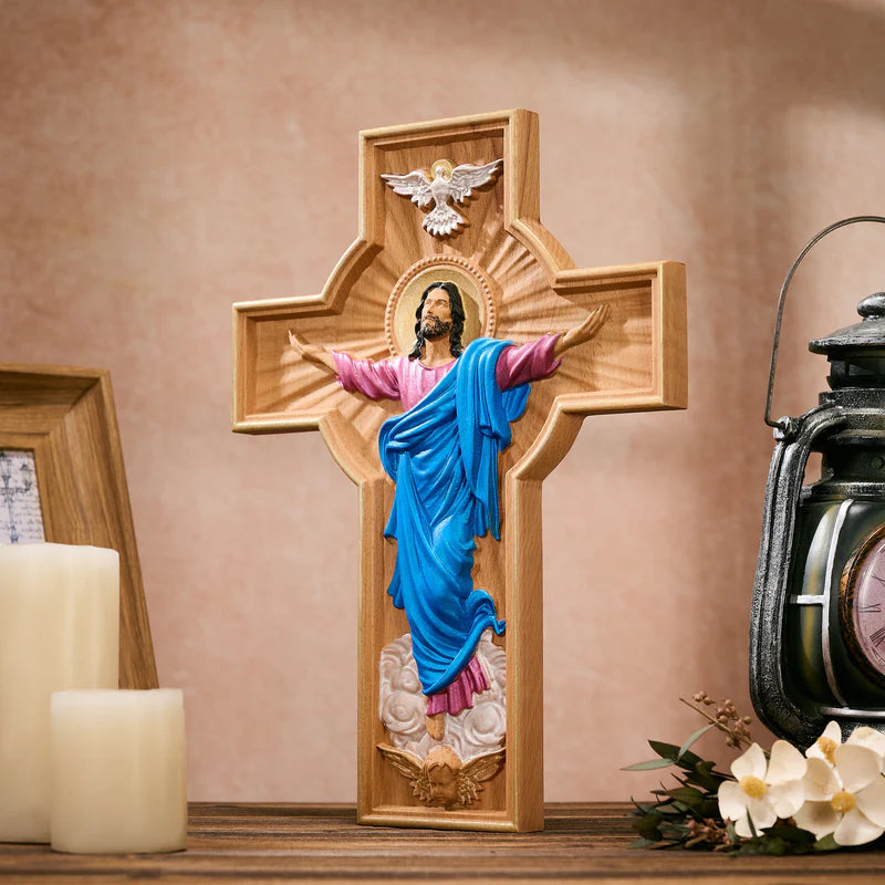 A Ascensão de Cristo - Cruz de Madeira Pintada à mão - Sagrado Tesouro