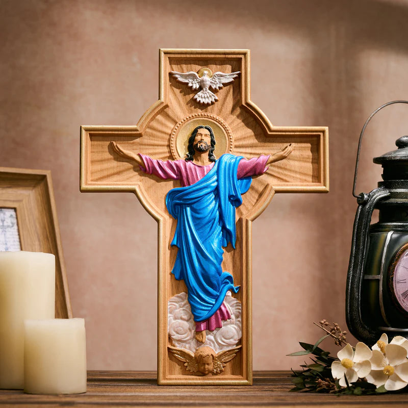 A Ascensão de Cristo - Cruz de Madeira Pintada à mão - Sagrado Tesouro