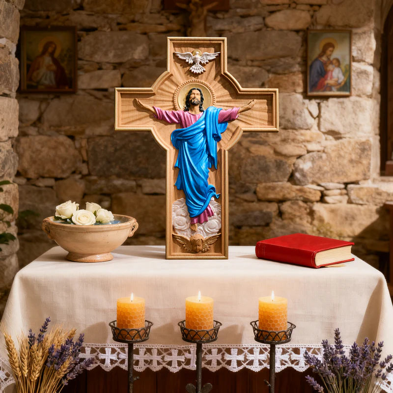 A Ascensão de Cristo - Cruz de Madeira Pintada à mão - Sagrado Tesouro
