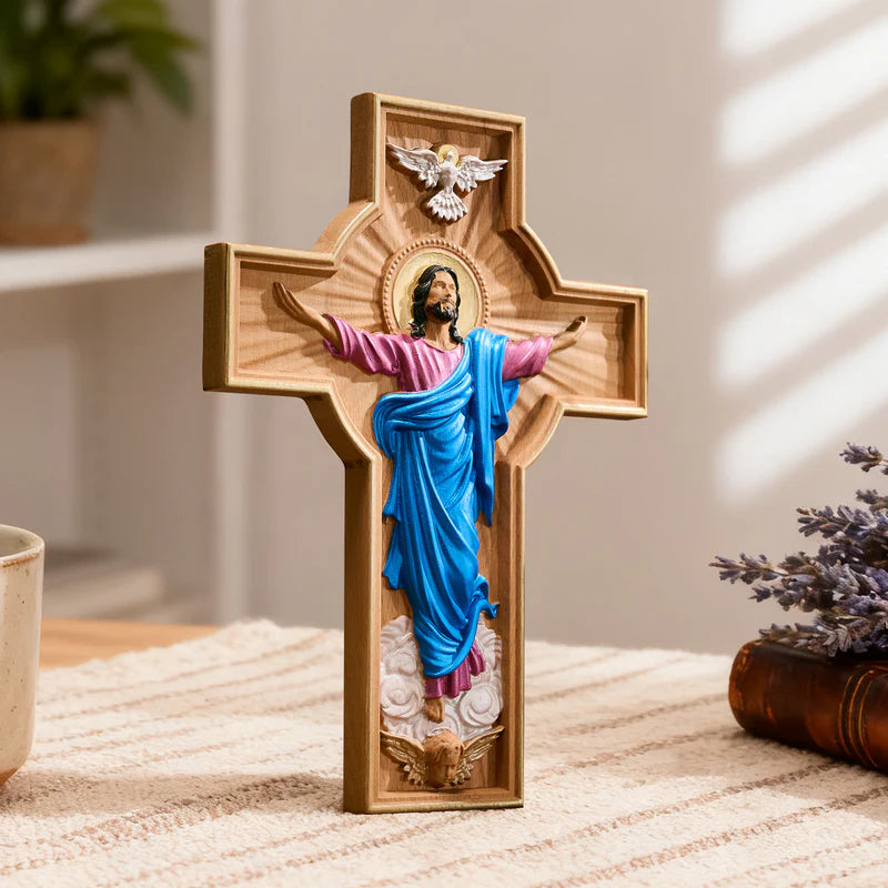 A Ascensão de Cristo - Cruz de Madeira Pintada à mão - Sagrado Tesouro