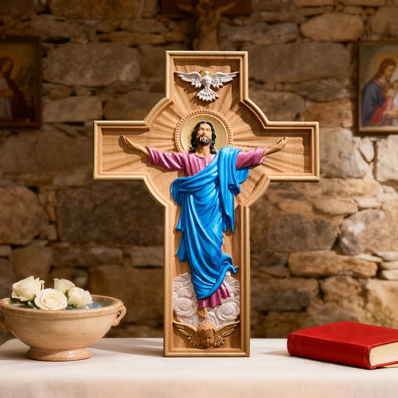 A Ascensão de Cristo - Cruz de Madeira Pintada à mão - Sagrado Tesouro