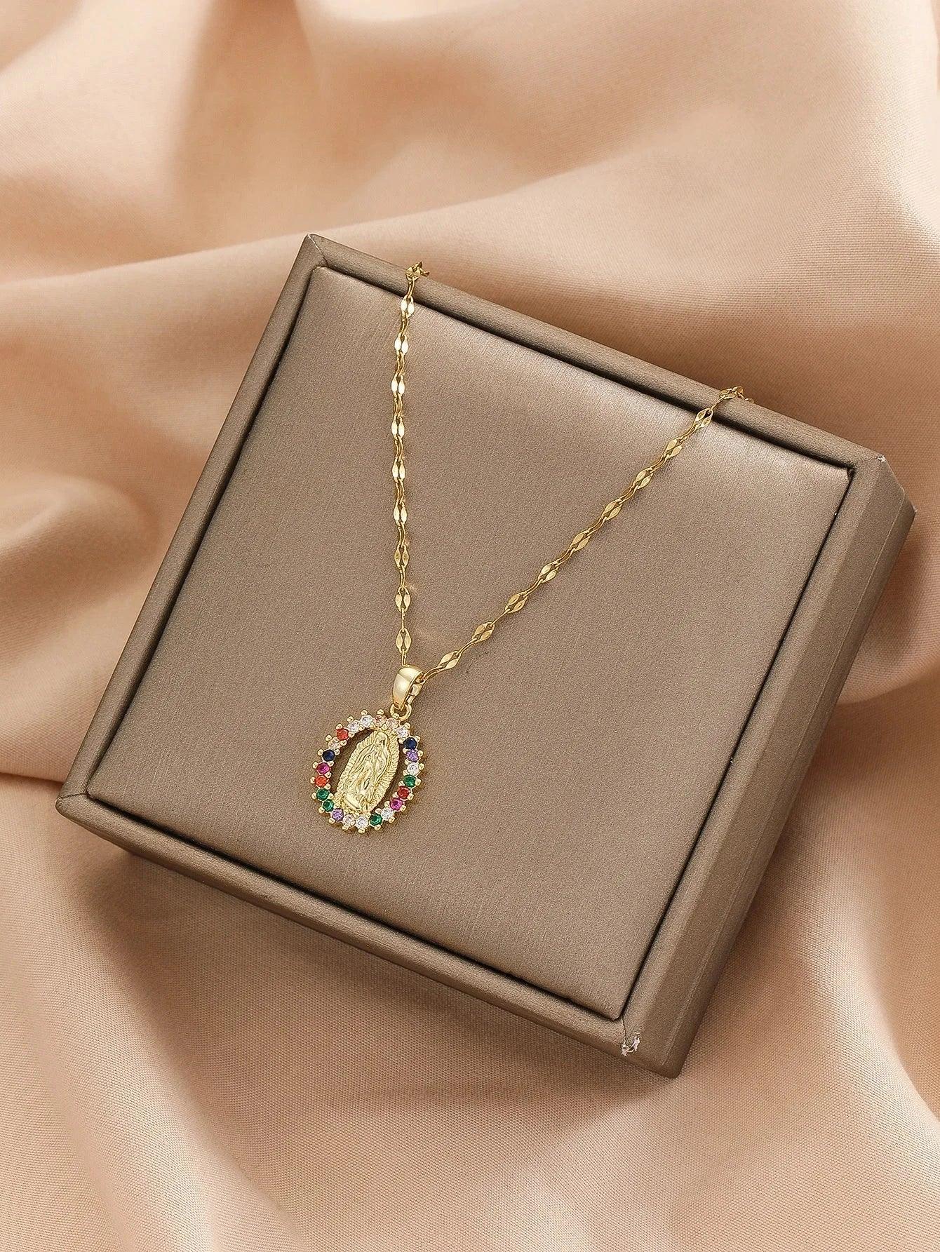 European and American Fashion and Gorgeous Women's All Sky Star Micro Inlaid Colorful Zircon Virgin Mary Hollow Necklace - Sagrado Tesouro
