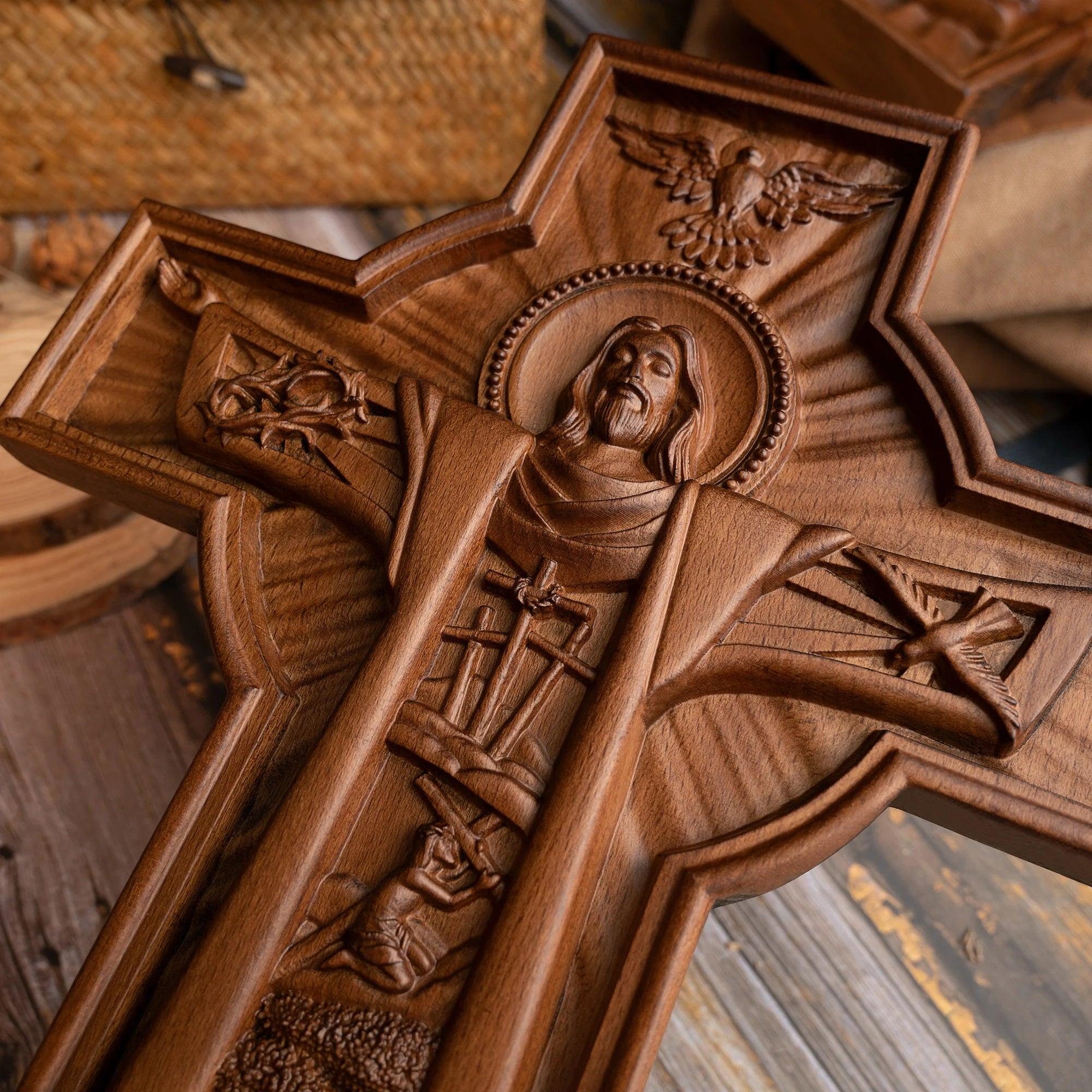 Cruz da Ascensão de Jesus Escultura em Madeira - Sagrado Tesouro