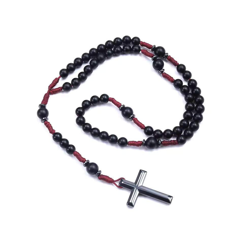 Terço Colar de Pedra Preto Fosco com Cordão Vermelho