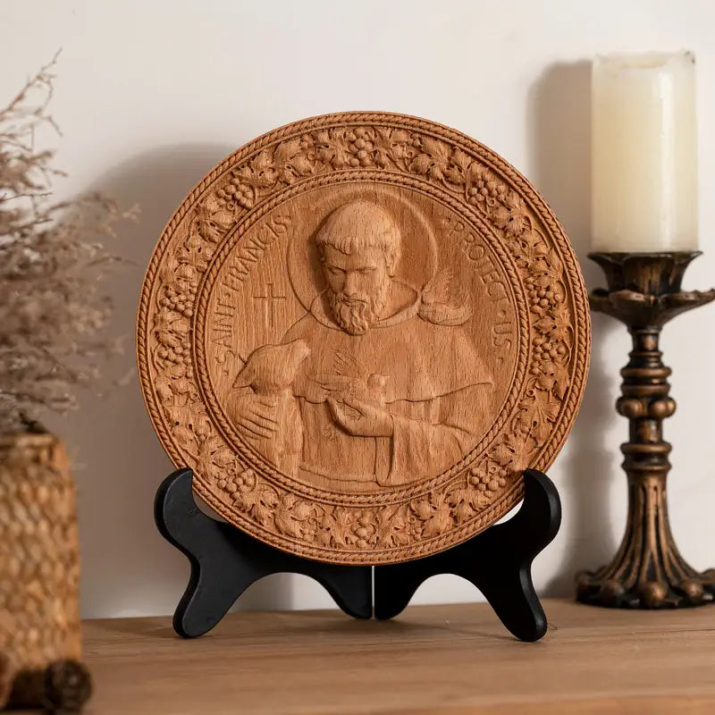 Ícone Religioso de São Francisco de Assis Esculpida em Madeira Natural - Sagrado Tesouro
