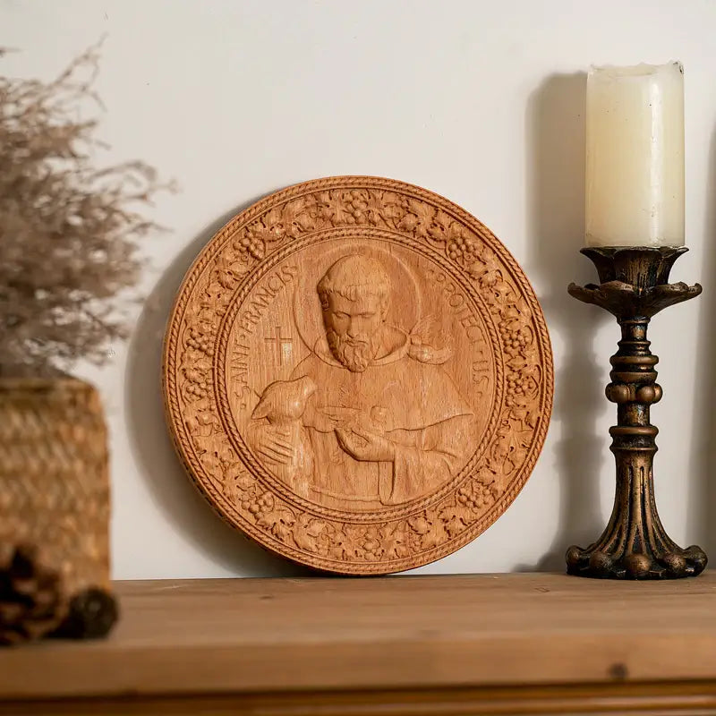 Ícone Religioso de São Francisco de Assis Esculpida em Madeira Natural - Sagrado Tesouro