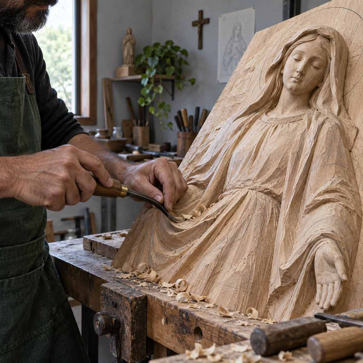 Ilustração editorial de um artesão trabalhando em arte sacra de madeira