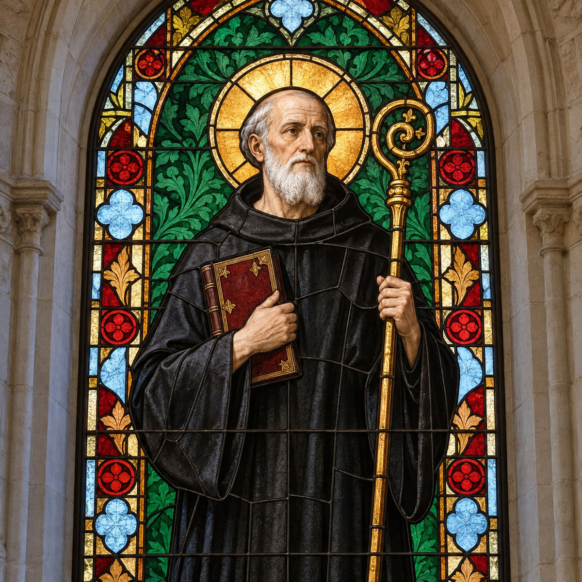 Ilustração editorial de São Bento em um vitral de igreja