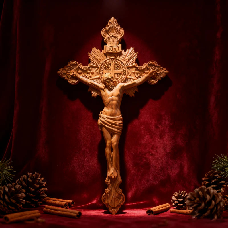 Cruz Exorcista de São Bento Madeira Natural (BRINDE: SUPORTE DE MESA)