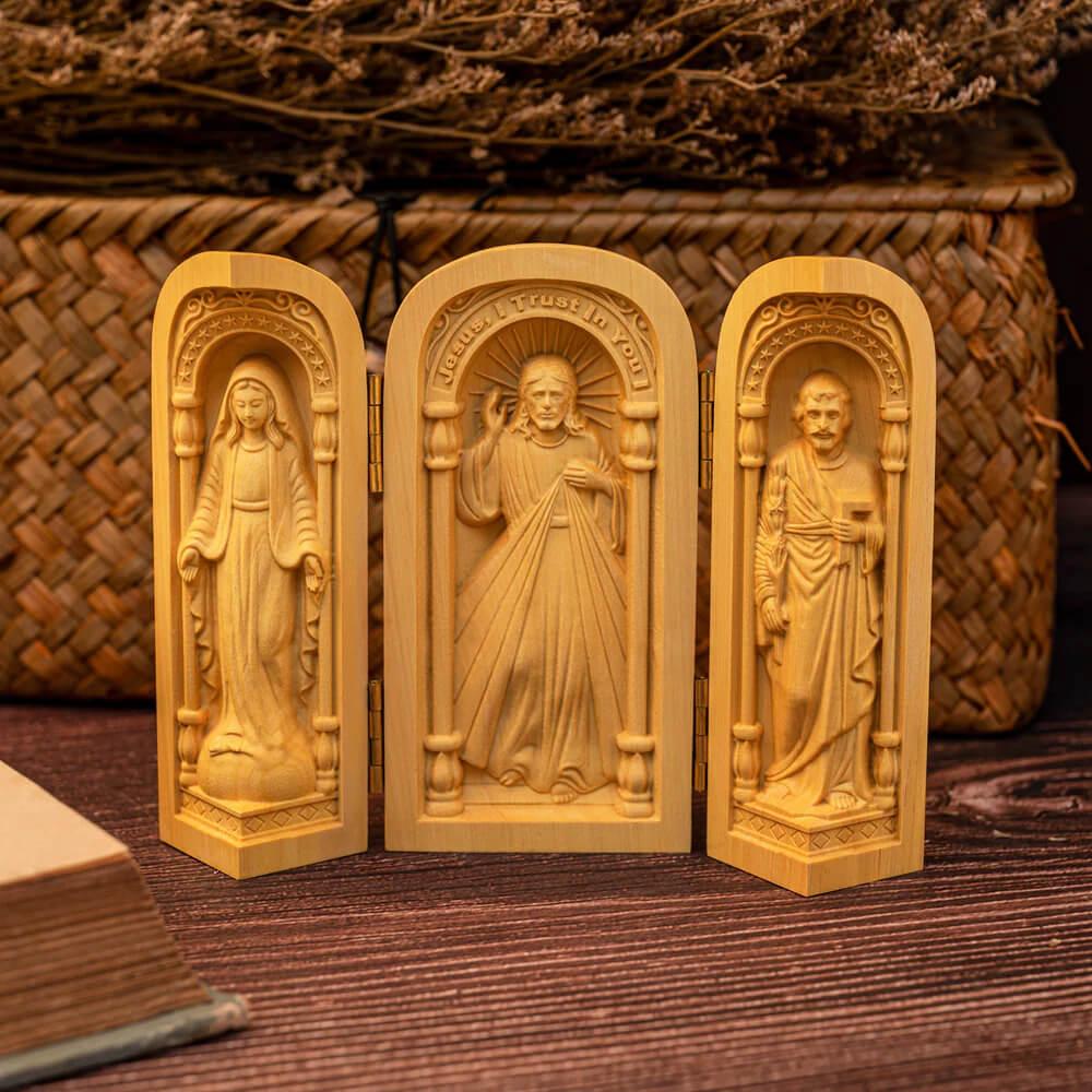 Mini Altar de Oração Católico - Esculpido à Mão - Sagrado Tesouro