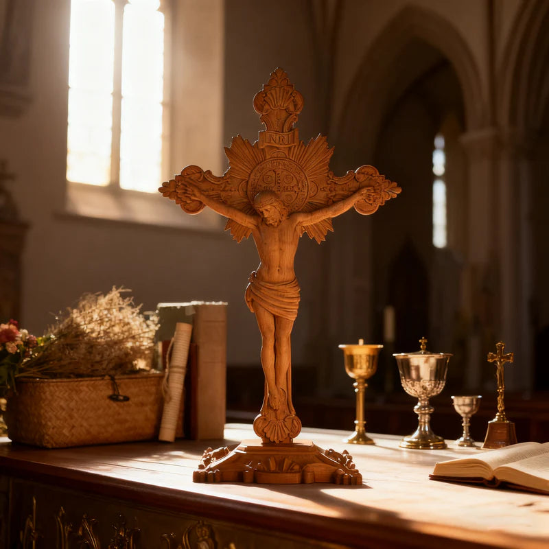 Cruz Exorcista de São Bento Madeira Natural (BRINDE: SUPORTE DE MESA)