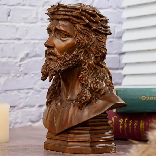 Busto de Jesus Cristo Coroado de Espinhos em Madeira - detalhes