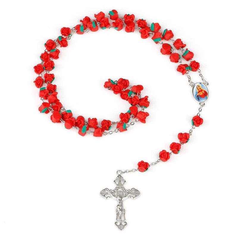 New Arrival 8mm Polymer Clay Rose Beads Rosary Catholic Necklace With Holy Soil Medal Crucifix Prayer Religious Cross Necklaces - Sagrado Tesouro