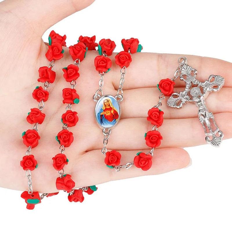 New Arrival 8mm Polymer Clay Rose Beads Rosary Catholic Necklace With Holy Soil Medal Crucifix Prayer Religious Cross Necklaces - Sagrado Tesouro