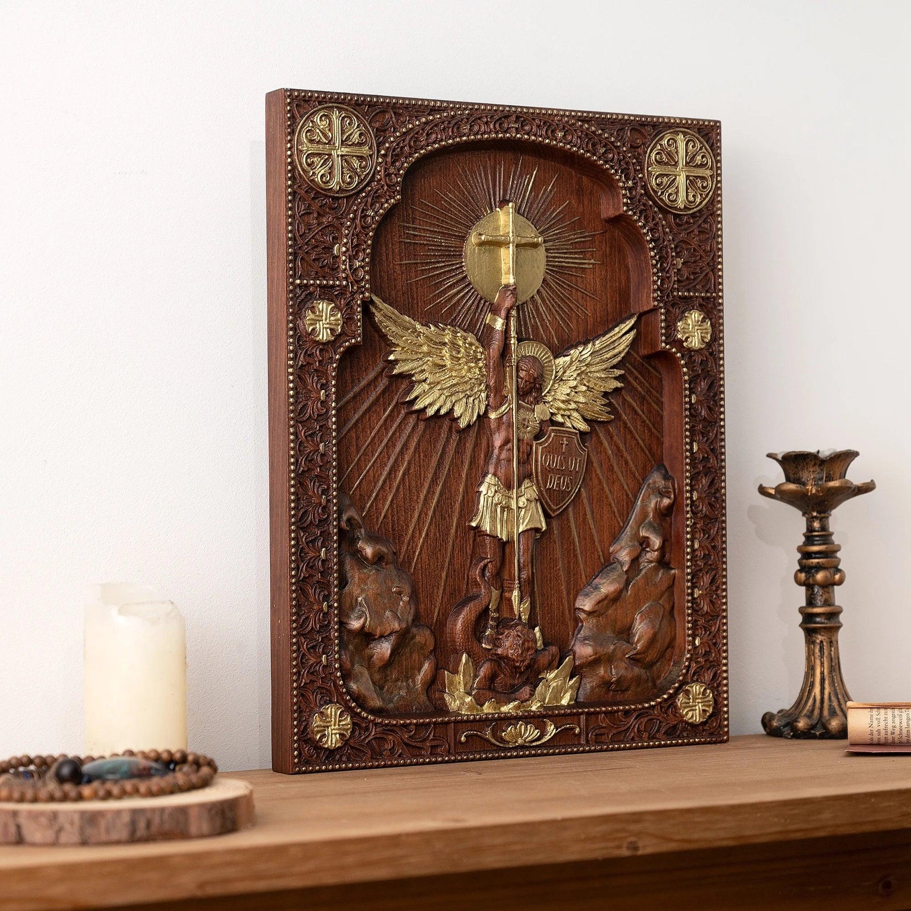 Archangel Michael Square Wooden Icon Guardian Angel Statue, Religious Home Church Wall Decor, Christian Artwork - Sagrado Tesouro