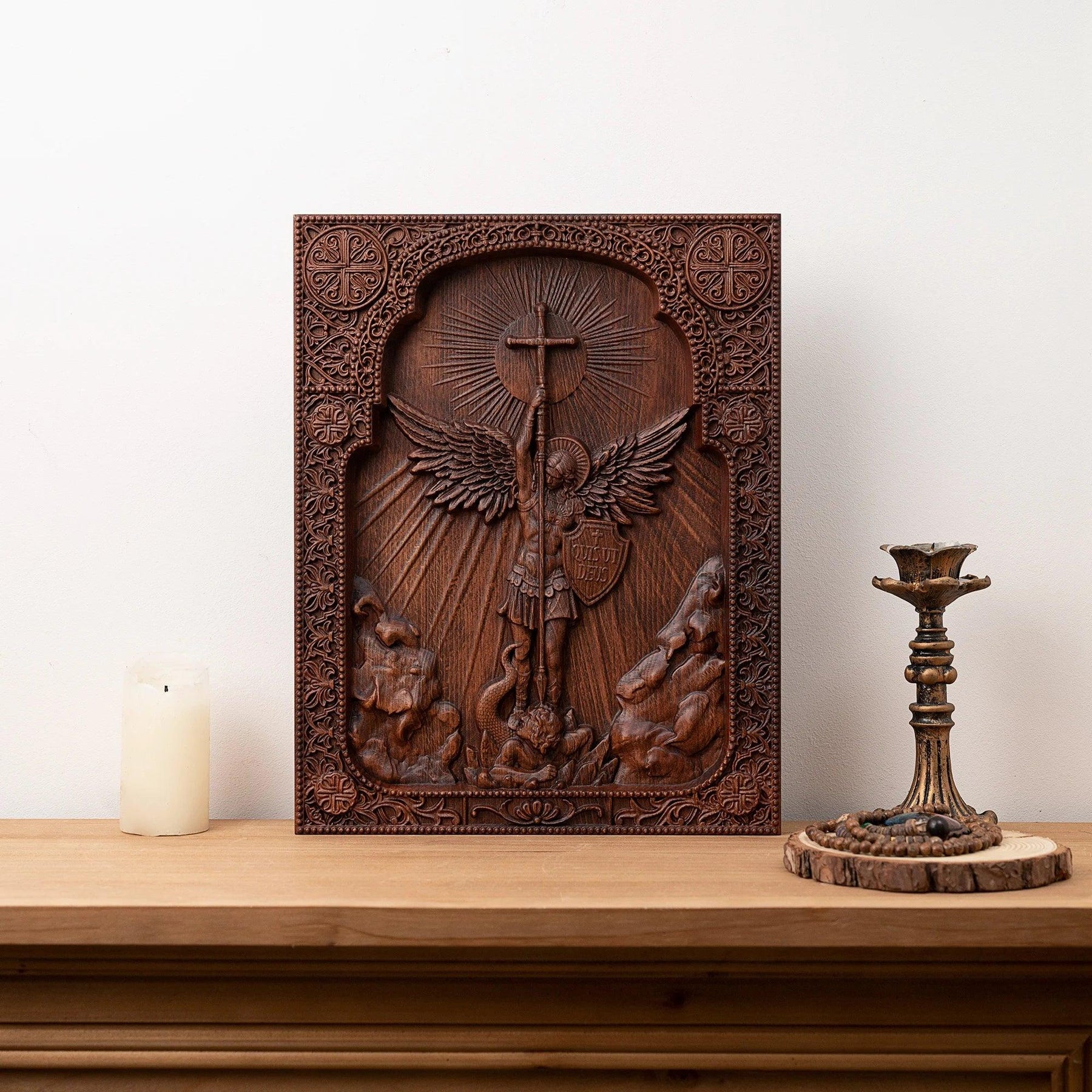 Archangel Michael Square Wooden Icon Guardian Angel Statue, Religious Home Church Wall Decor, Christian Artwork - Sagrado Tesouro