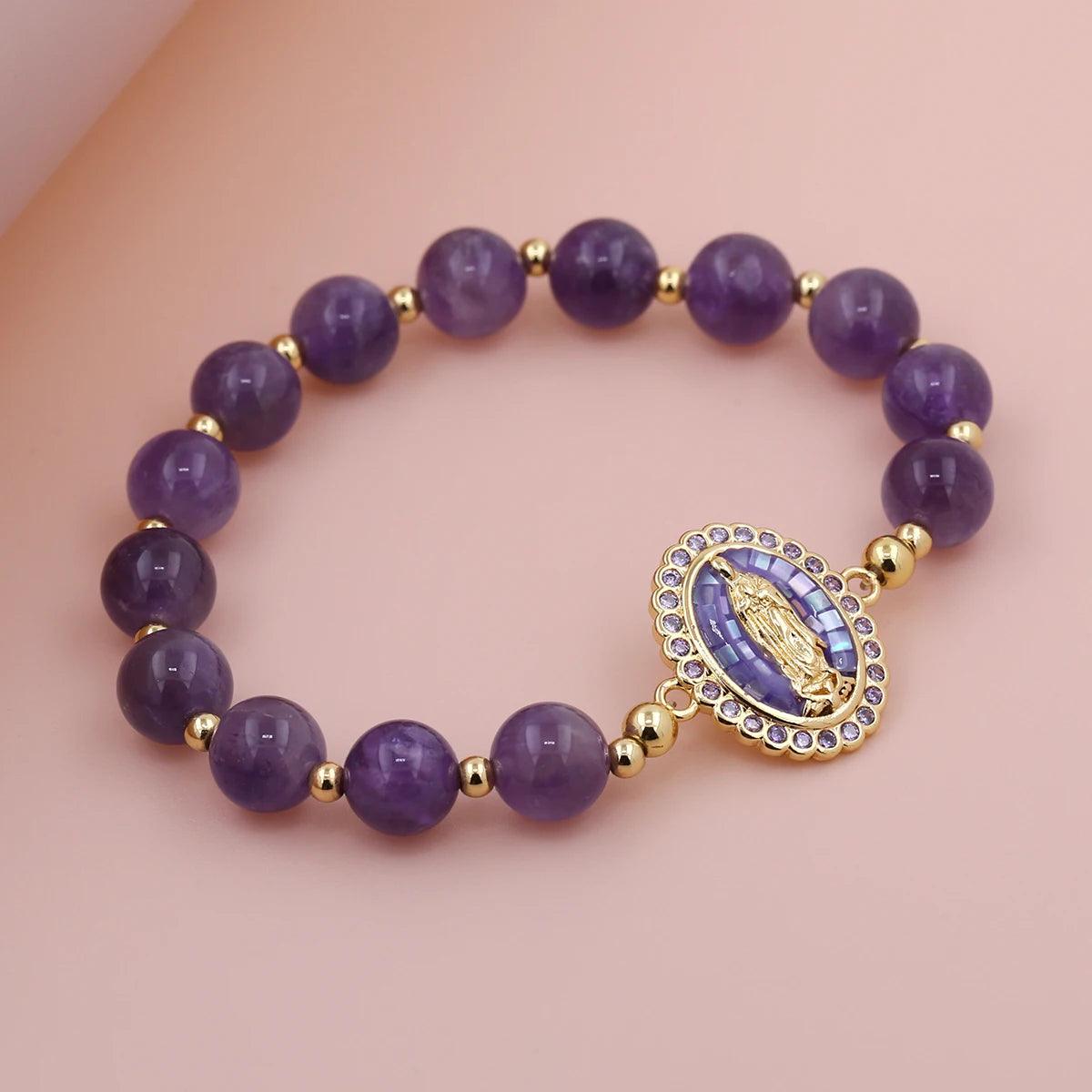 Pink Crystal Amethyst Beads Copper Beads with Oval Virgin Mary Handmade Bead String Bracelet Fashion Hot Selling Jewelry - Sagrado Tesouro