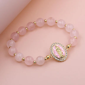 Pink Crystal Amethyst Beads Copper Beads with Oval Virgin Mary Handmade Bead String Bracelet Fashion Hot Selling Jewelry - Sagrado Tesouro