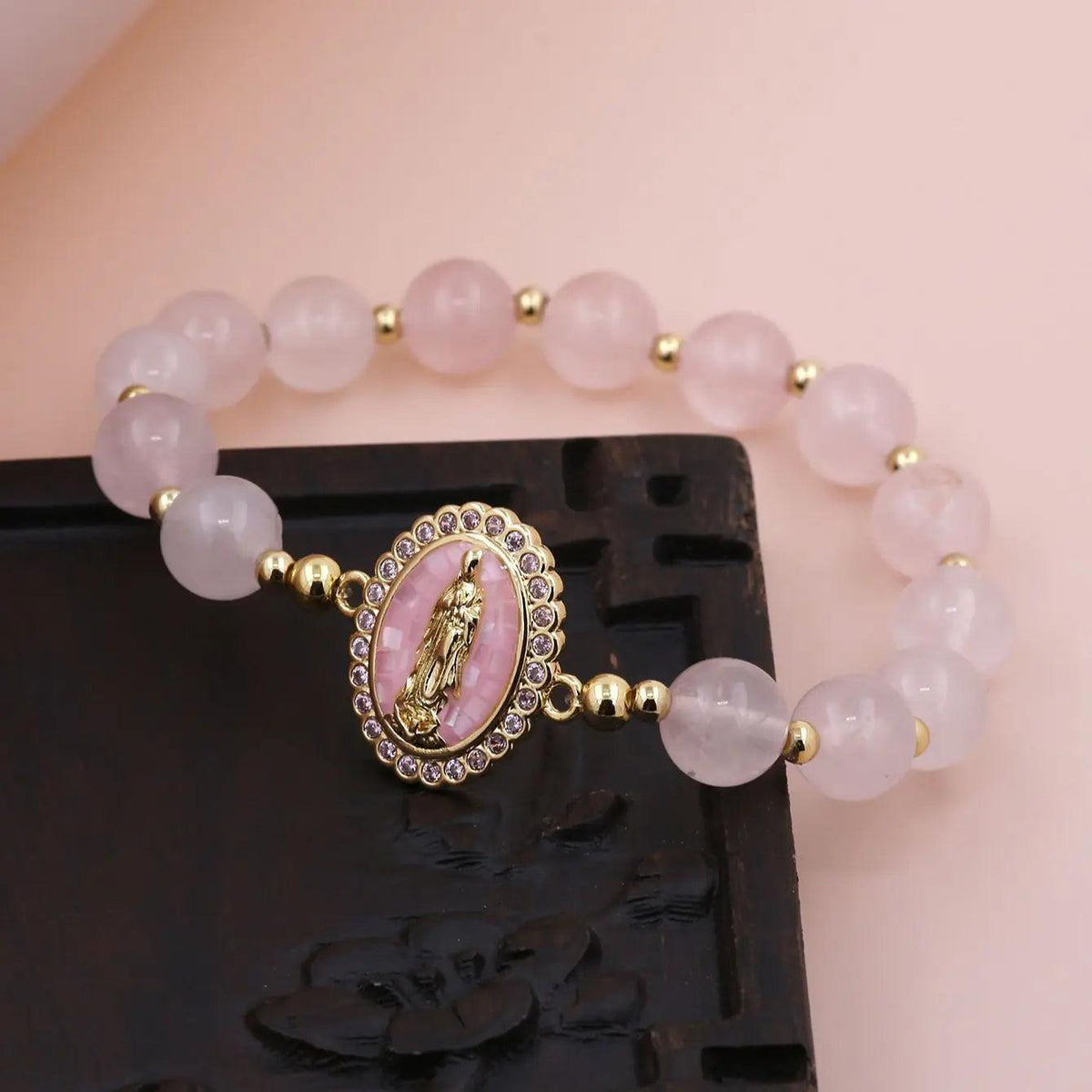 Pink Crystal Amethyst Beads Copper Beads with Oval Virgin Mary Handmade Bead String Bracelet Fashion Hot Selling Jewelry - Sagrado Tesouro