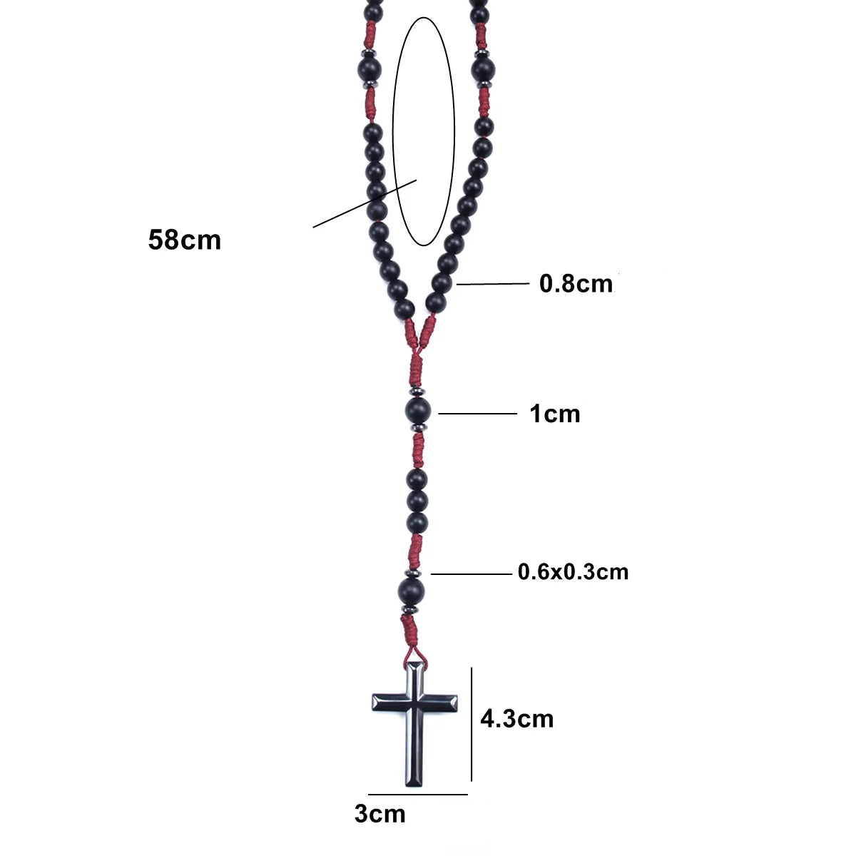 Terço Colar de Pedra Preto Fosco com Cordão Vermelho