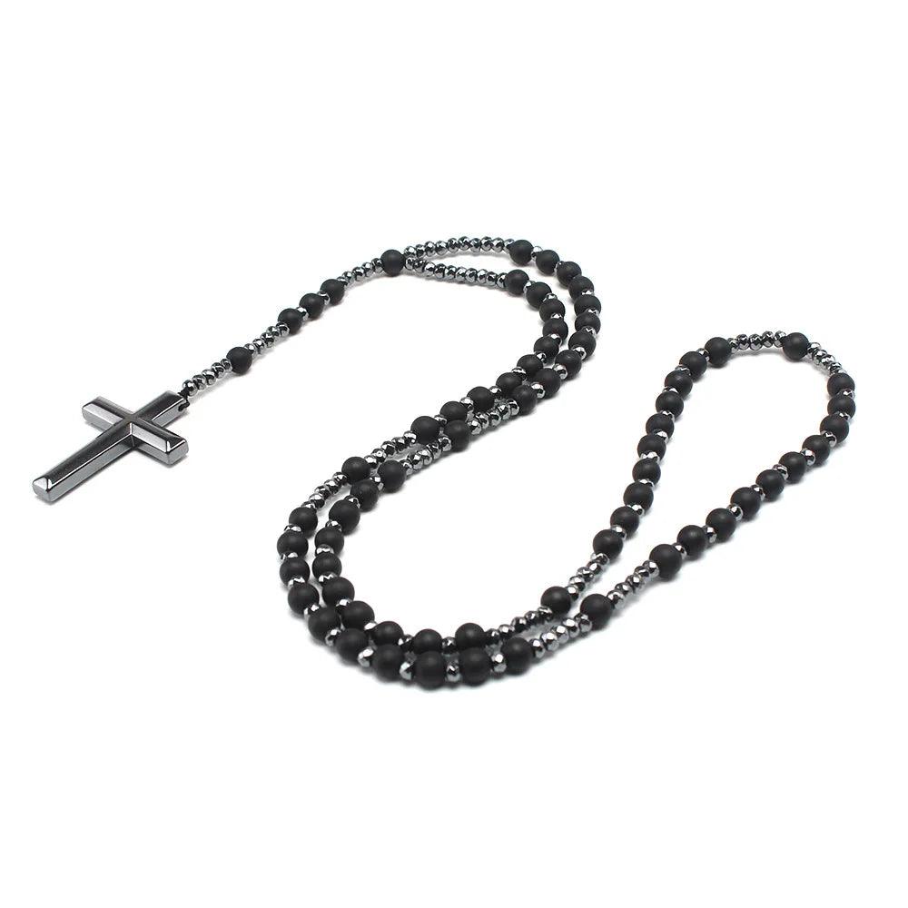 1 piece natural stone matte onyx black gallstone necklace, rosary cross pendant - Sagrado Tesouro