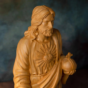 Jesus statue, Sacred Heart prayer, boxwood wood carving, religious catholic saint image, Christian altar decoration, sculpture - Sagrado Tesouro