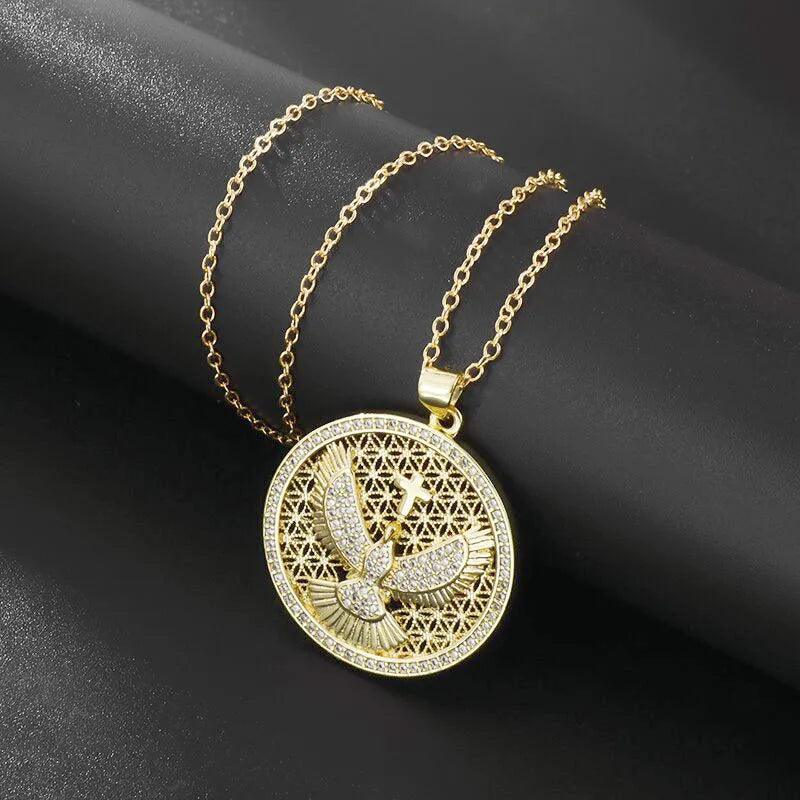 Vintage Holy Spirit Pendant Fashion Ladies Exquisite Hollow Cubic Zirconia Medal Tag Necklace Anniversary Gift - Sagrado Tesouro