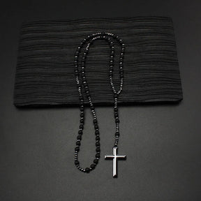 1 piece natural stone matte onyx black gallstone necklace, rosary cross pendant - Sagrado Tesouro