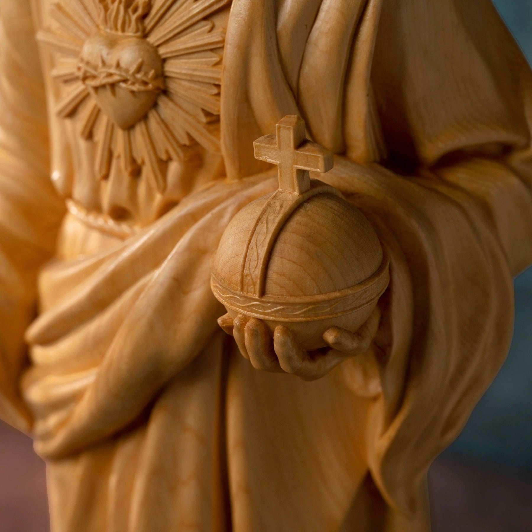 Jesus statue, Sacred Heart prayer, boxwood wood carving, religious catholic saint image, Christian altar decoration, sculpture - Sagrado Tesouro