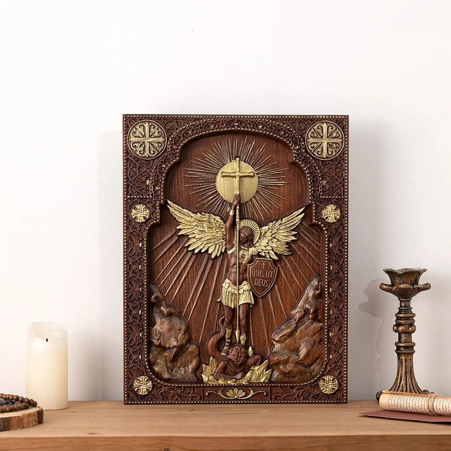 Archangel Michael Square Wooden Icon Guardian Angel Statue, Religious Home Church Wall Decor, Christian Artwork - Sagrado Tesouro