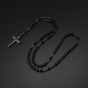 1 piece natural stone matte onyx black gallstone necklace, rosary cross pendant - Sagrado Tesouro