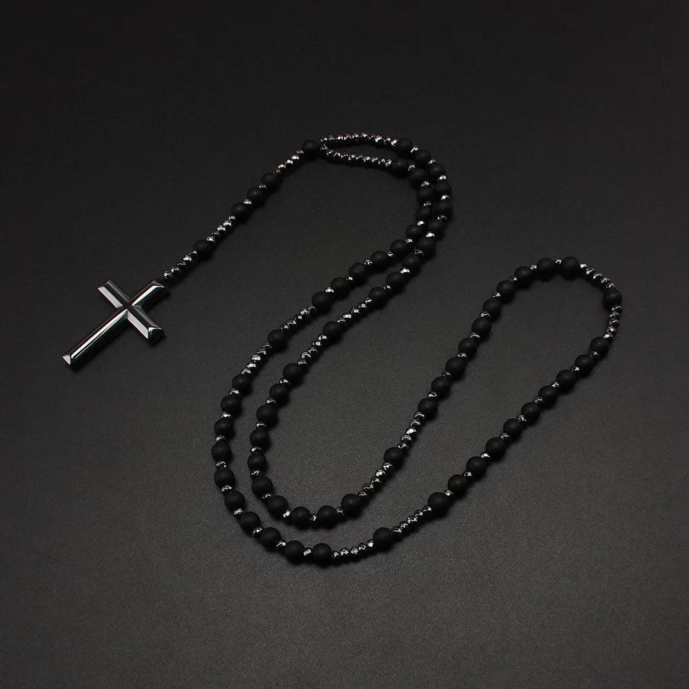 1 piece natural stone matte onyx black gallstone necklace, rosary cross pendant - Sagrado Tesouro