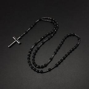 1 piece natural stone matte onyx black gallstone necklace, rosary cross pendant - Sagrado Tesouro