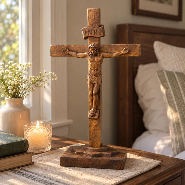 Crucifixo de Mesa em Madeira no criado-mudo com vela acesa - Sagrado Tesouro