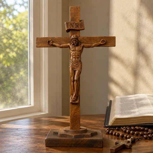 Crucifixo de Mesa em Madeira com Bíblia e terço - Sagrado Tesouro
