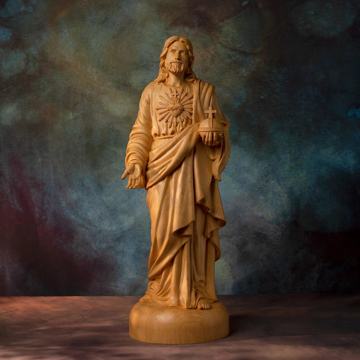 Estátua Sagrado Coração de Jesus em Madeira de frente - Sagrado Tesouro