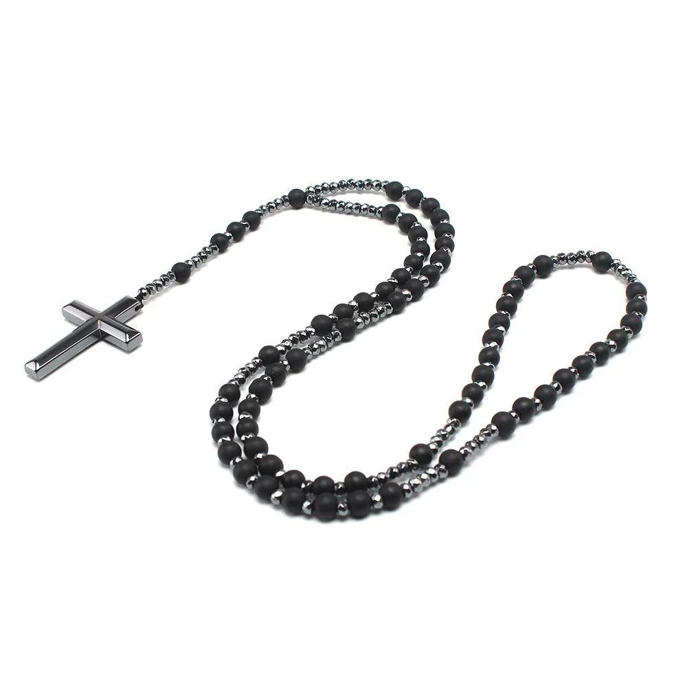 Terço Colar de Pedra Preto Fosco sobre fundo branco - Sagrado Tesouro