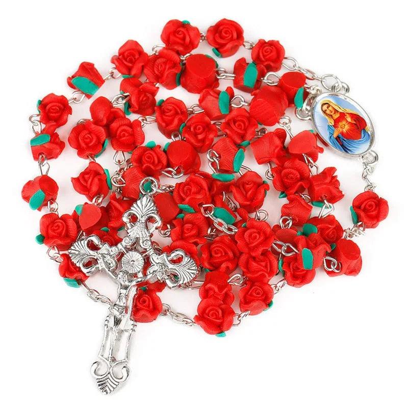 Terço Rosas Virgem Maria com rosas vermelhas - Sagrado Tesouro